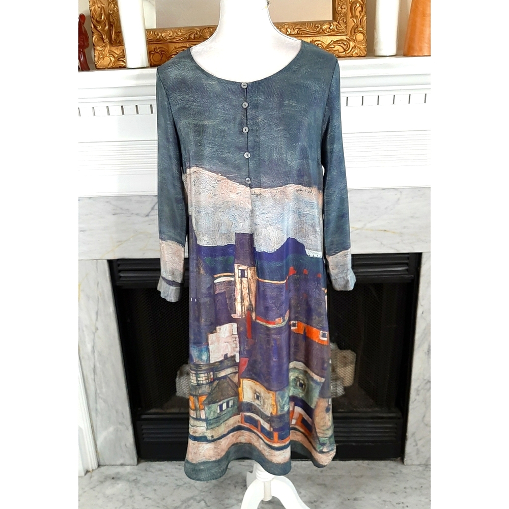 Green Blue 100% Silk Graphic Watercolor Dress M